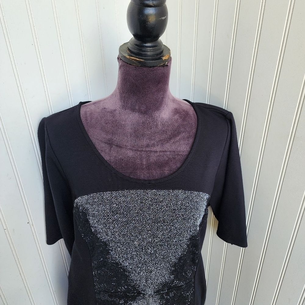 Lane Bryant Dress Womens Black Gray Stretch Knit Lace Shoulders Short Sleeve 14 - Picture 5 of 13